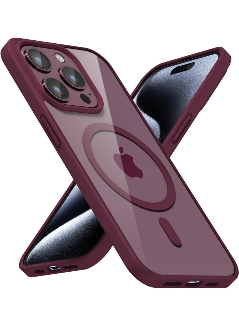 جراب مغناطيسي شفاف لهاتف آيفون 15 برو ماكس [مقاوم للصدمات ونحيف] غطاء خلفي صلب شفاف مع حماية عالية الجودة | أحمر داكن